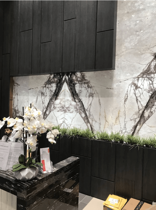 Luxury thin stone fireplace and feature wall installation in natural marble by Designer Stone Panels — project 13