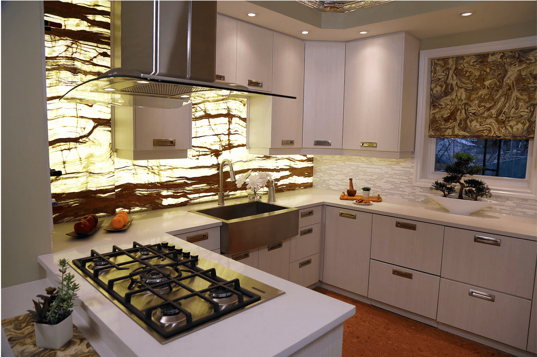 Thin natural stone kitchen backsplash with full-height bookmatched slab by Designer Stone Panels — project 8