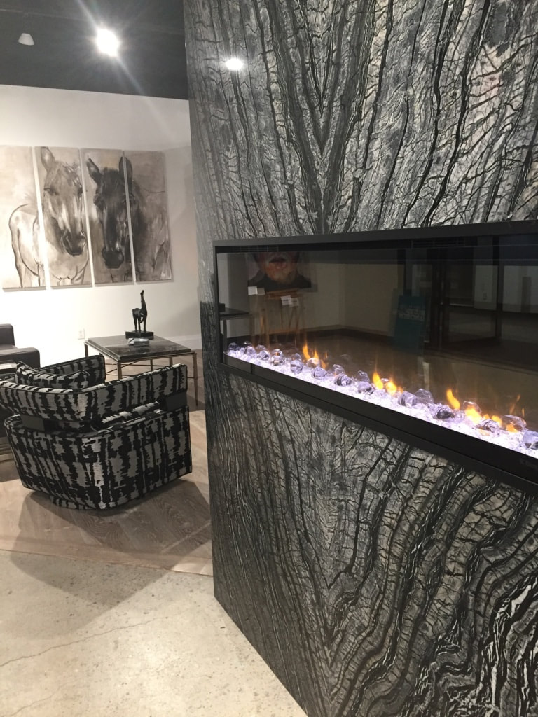 Luxury thin stone fireplace and feature wall installation in natural marble by Designer Stone Panels — project 7