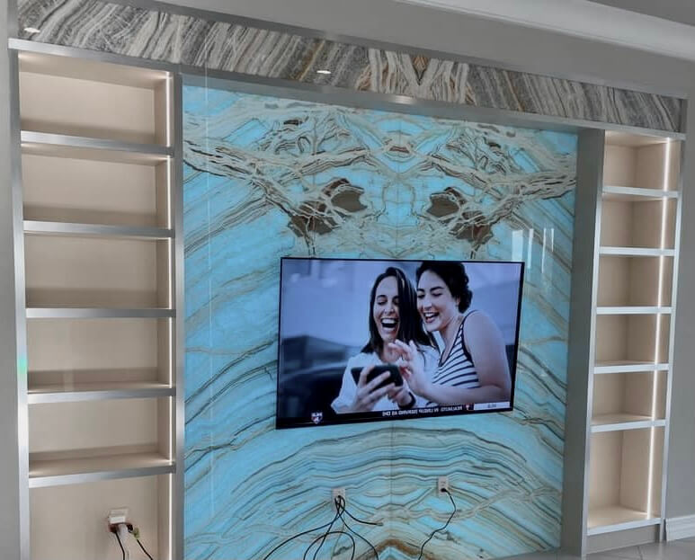 Luxury thin stone fireplace and feature wall installation in natural marble by Designer Stone Panels — project 6