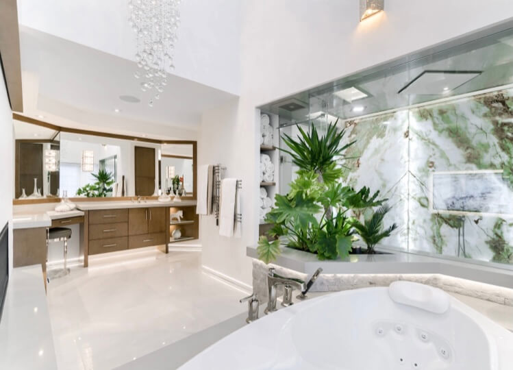 Bookmatched thin stone panel bathroom with marble walls and vanity by Designer Stone Panels — project 4