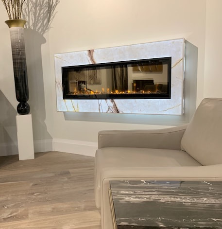 designer stone, 6900 airport rd, backlit stone wall, cogs imports blake, natural stone, natural stone suppliers toronto, onyx stone toronto, stone designer, DesignerStone®Panels Lineal Fireplace designed to work with Napoleon and Dimplex electric fireplaces. 